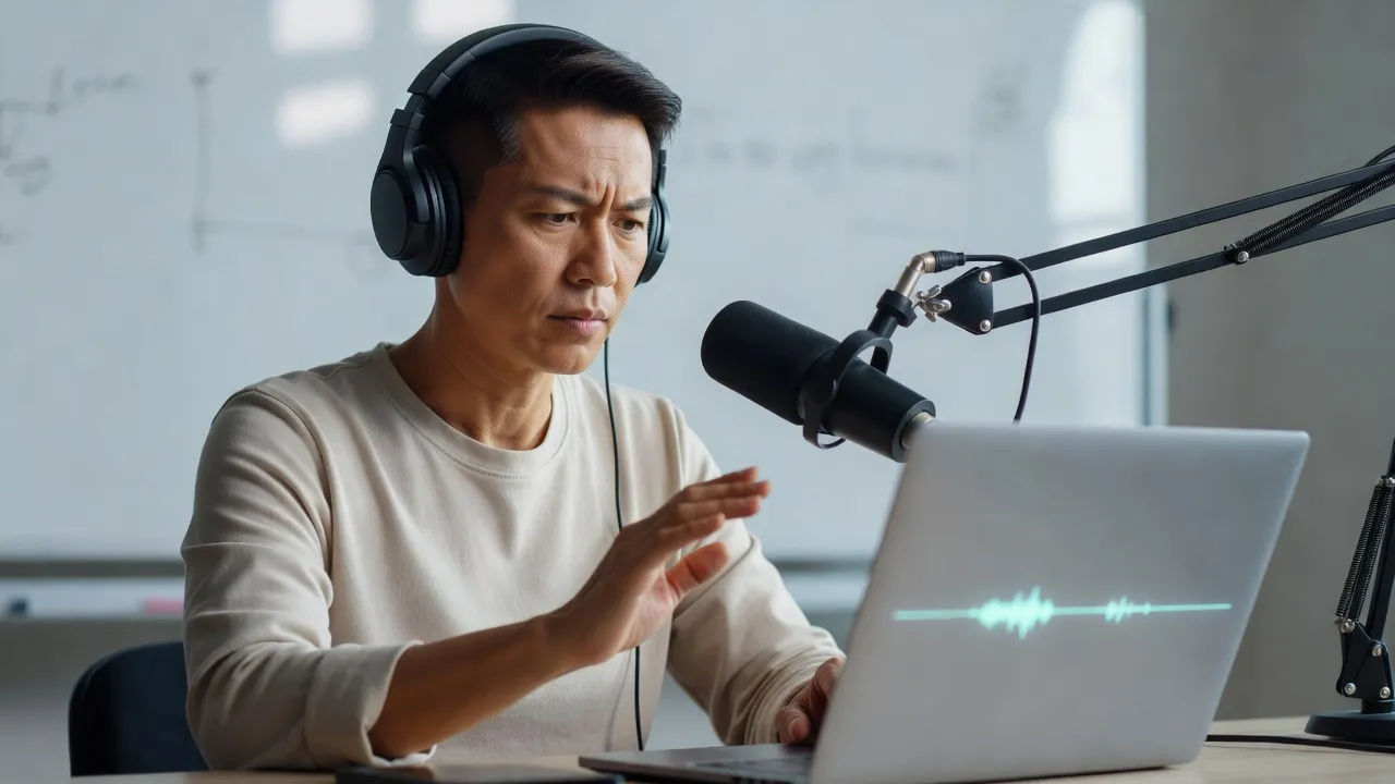An instructor recording a training module at a laptop