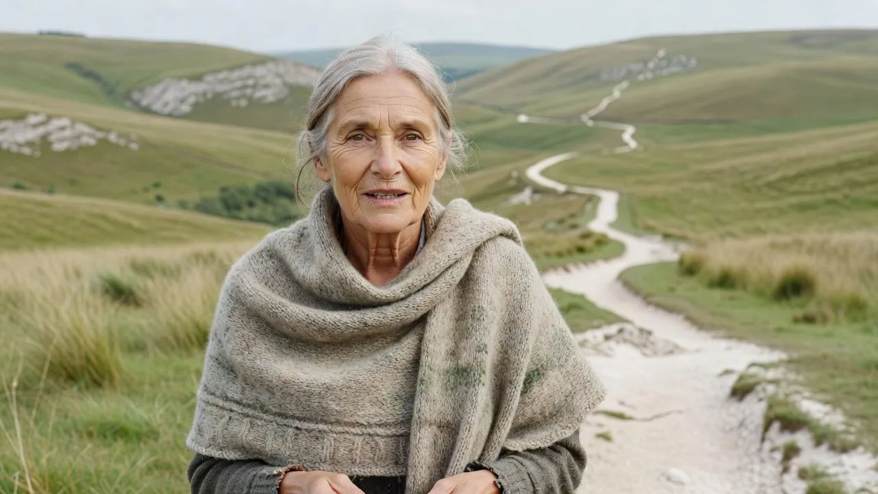 Close portrait of a thoughtful older Sussex woman in a knitted shawl