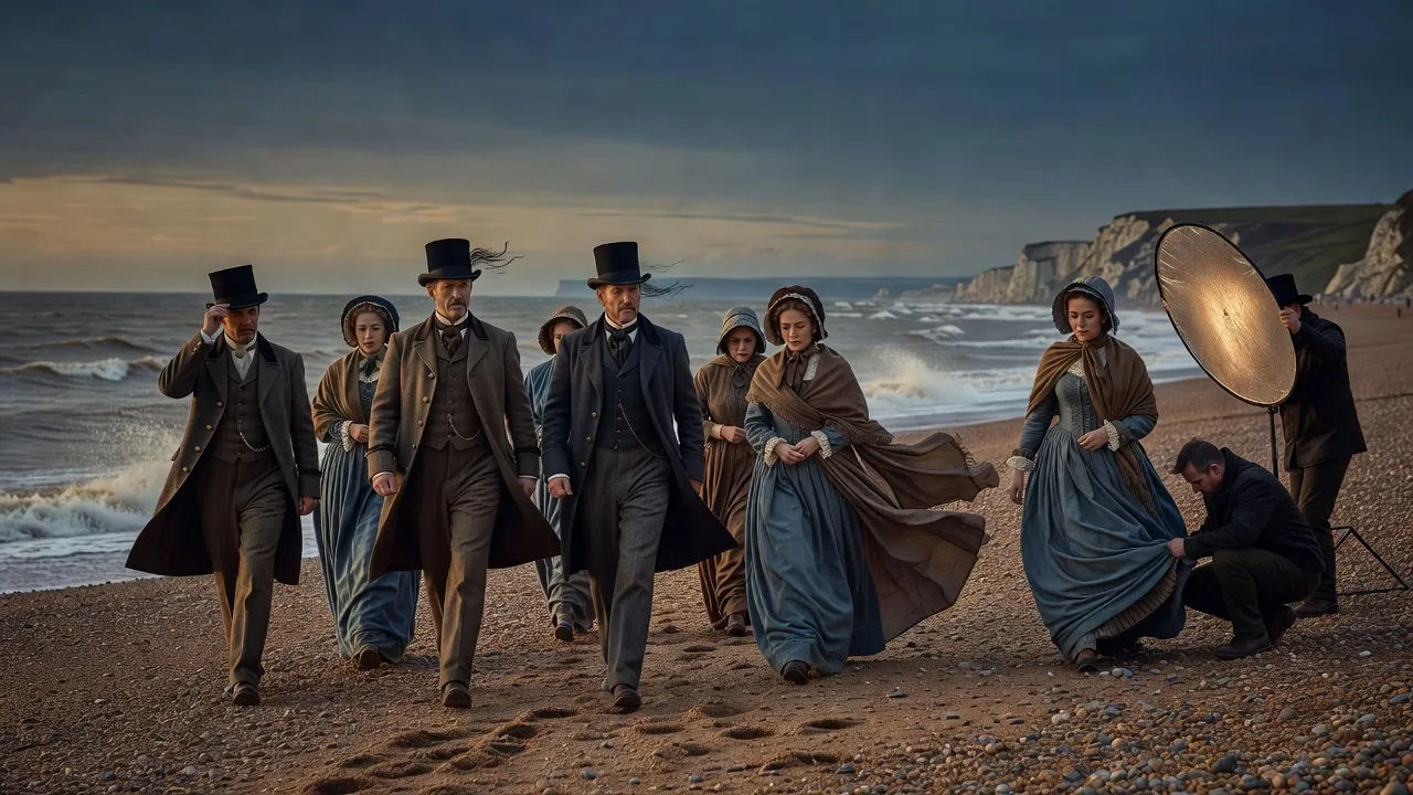 Wide period-drama scene on the Sussex coast