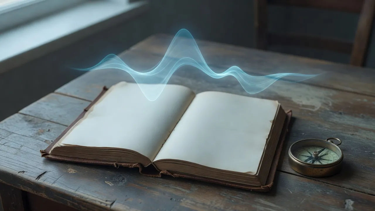 Overhead heritage beat of an old leather journal with no legible text