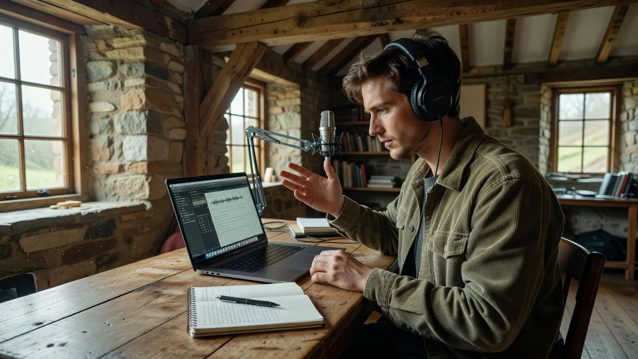 A young creator in a rustic barn-conversion studio directing narration on a laptop