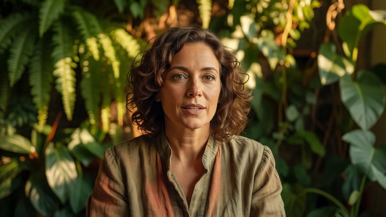 Close portrait of a warm middle-aged spokeswoman with natural curls in an earth-toned linen jacket