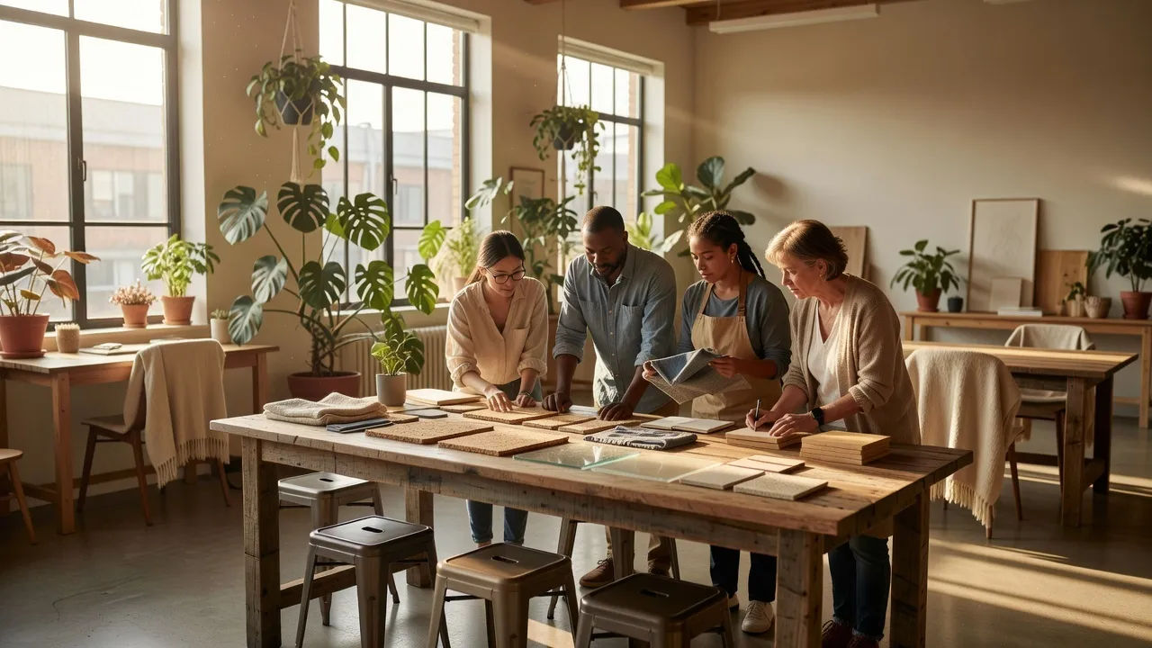 Wide brand-film scene of a bright open workspace with reclaimed-wood tables