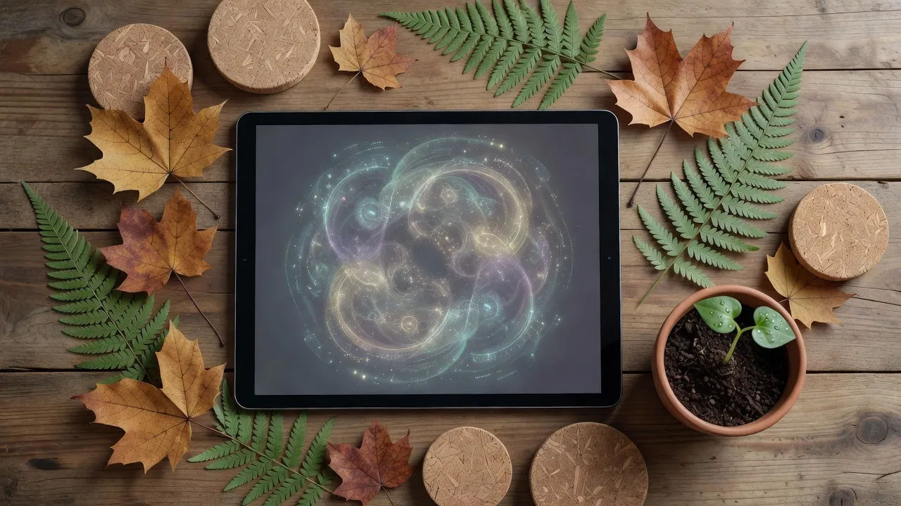 Tabletop beat of an open tablet displaying an abstract glowing circular data graphic with no legible characters