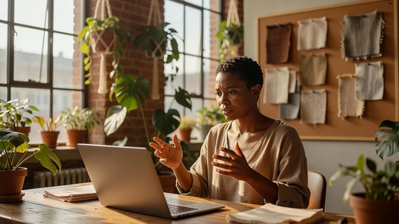 A concentrated woman with cropped hair at a laptop in a plant-filled loft office