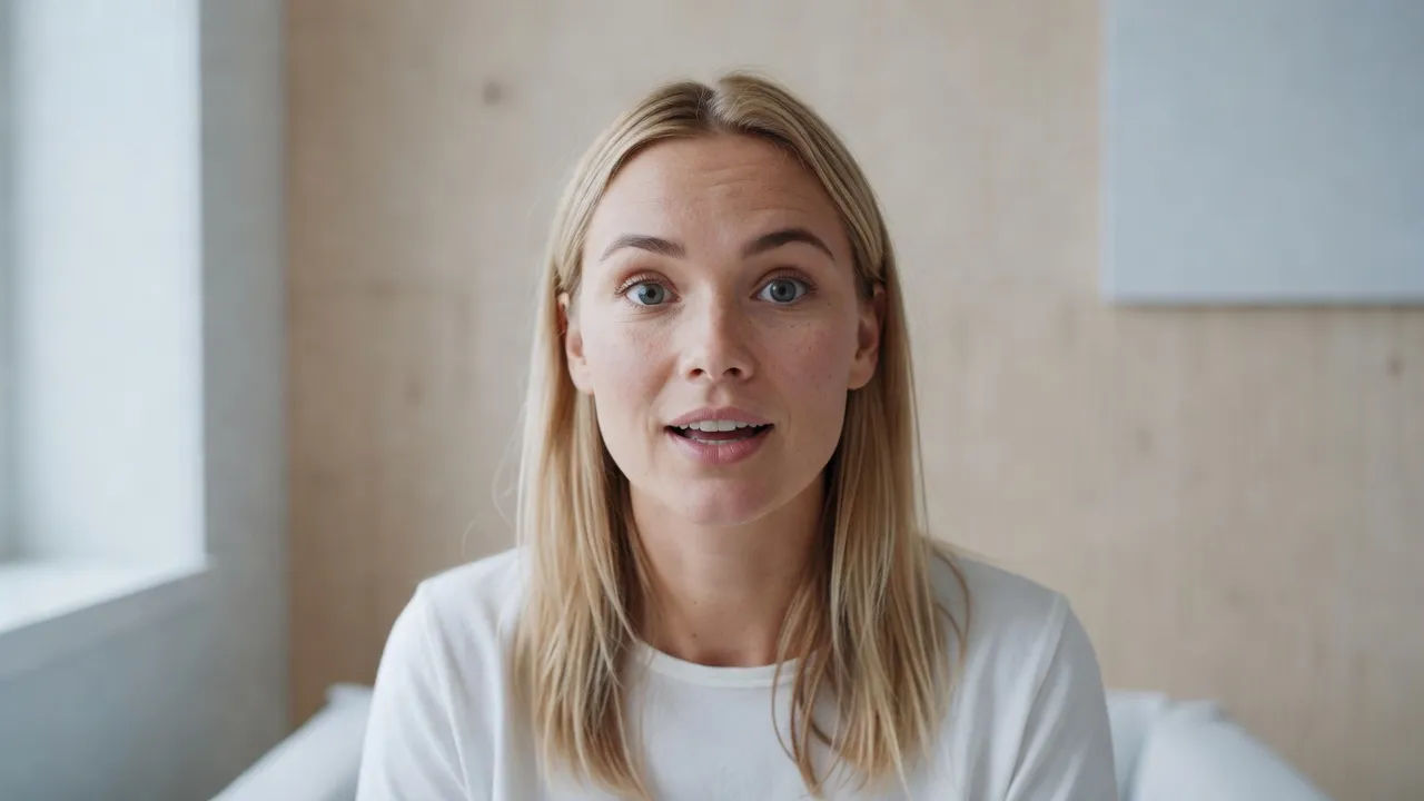 Close portrait of a Swedish woman in her late twenties with light blonde hair speaking a line to camera