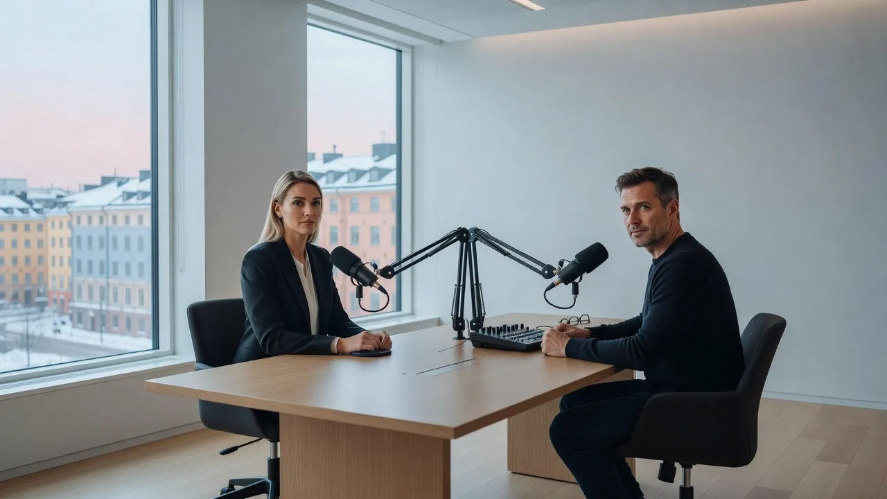 Wide shot of a modern Stockholm broadcast studio with clean minimalist design
