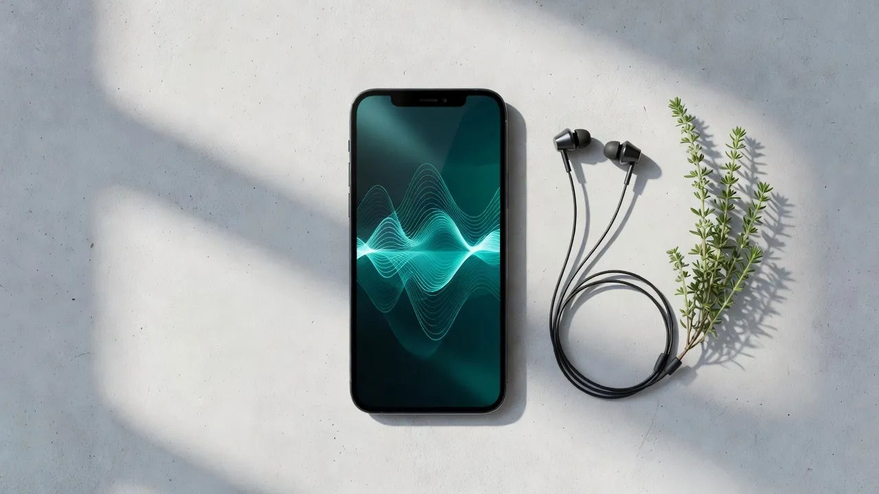 Overhead flat-lay of a smartphone on a light concrete surface displaying an abstract pulsing teal soundwave
