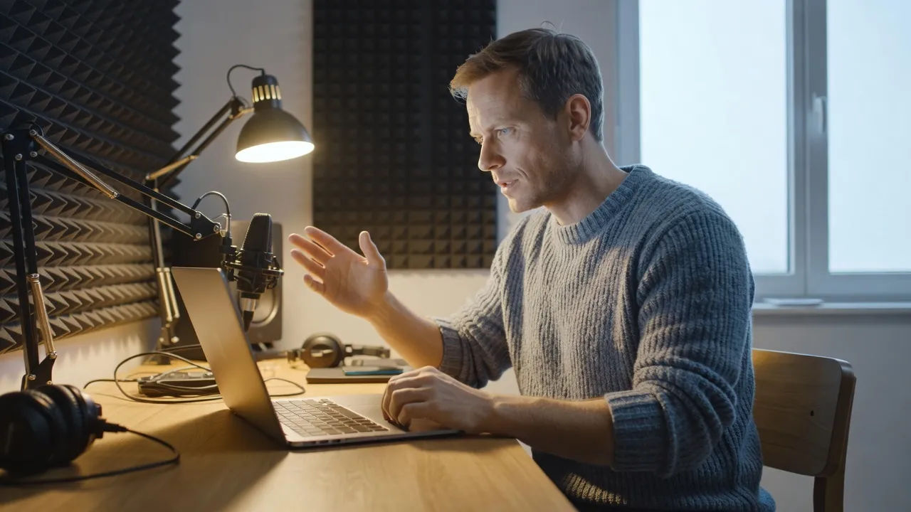 A Swedish man in a knit sweater directing voice edits on a laptop in a bright home studio