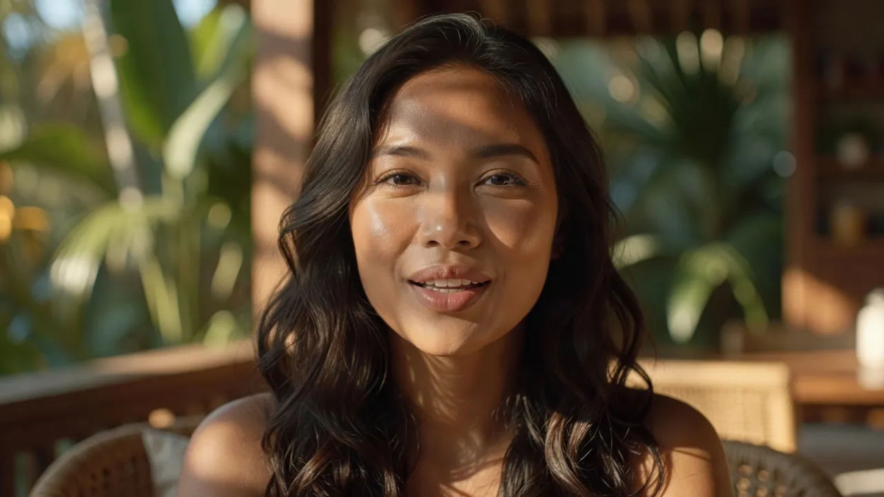Close portrait of a Filipino woman in her late twenties with dark hair speaking a line to camera