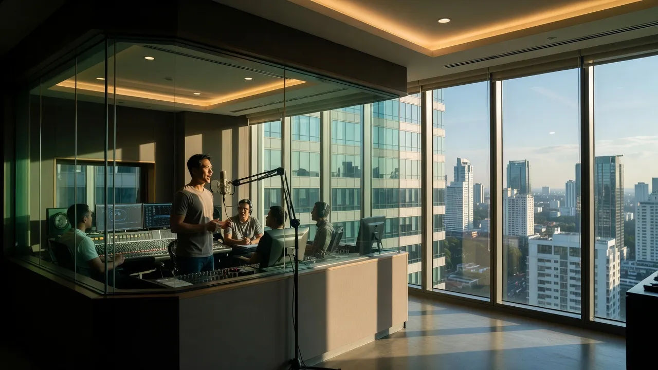 Wide establishing shot of a lively Manila recording studio in a modern high-rise