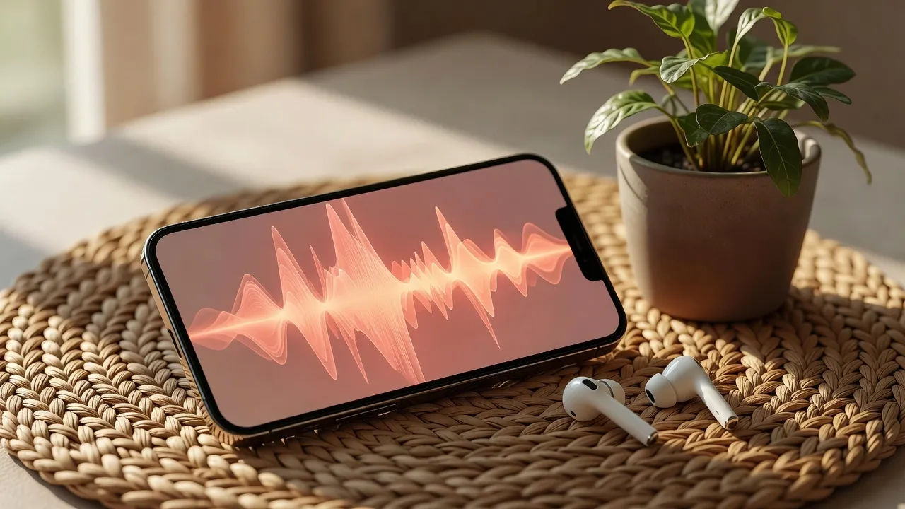 Tabletop beat of a smartphone on a woven abaca mat showing an abstract glowing coral soundwave with no legible text