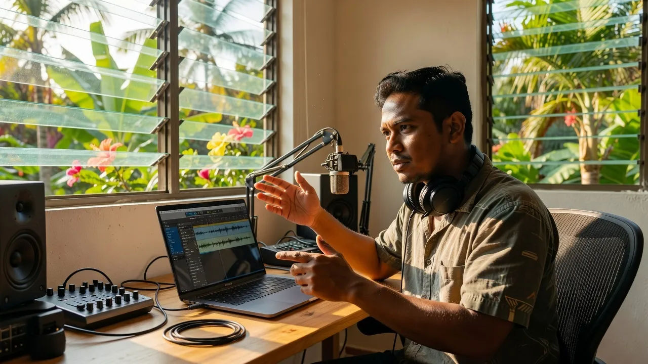 A Filipino man in a casual shirt directing an audio edit on a laptop in a bright home studio