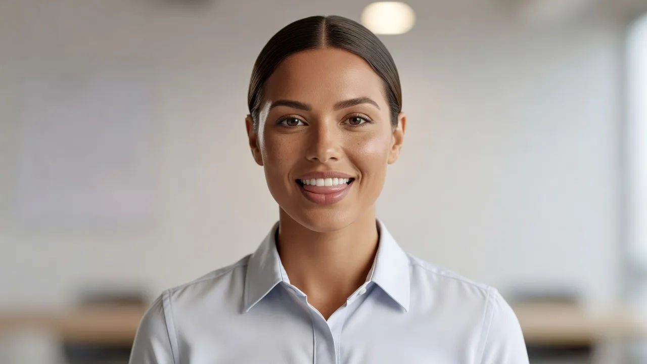 Close centered portrait of a polished presenter in a crisp shirt speaking directly to camera