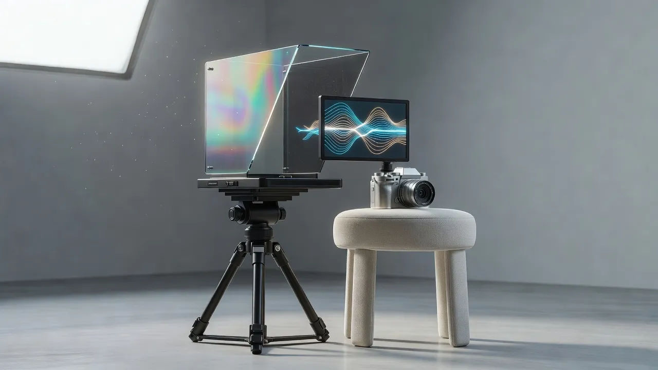 Product beat of a teleprompter glass and a compact mirrorless camera on a tripod facing a stool