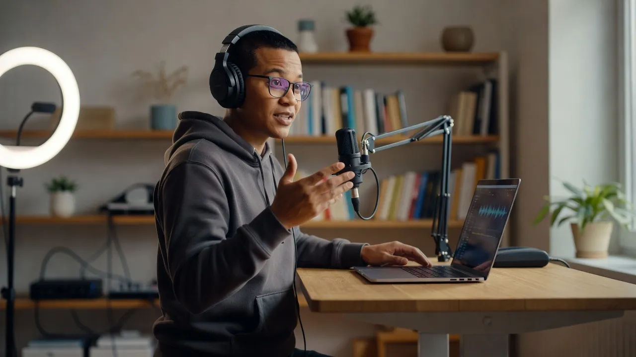 A course creator at a standing desk directing a voice take on a laptop