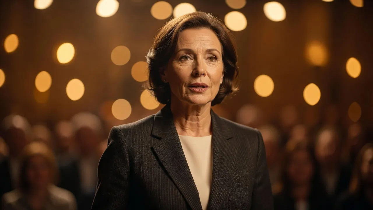 Close portrait of a distinguished woman speaker mid-fifties addressing an unseen audience