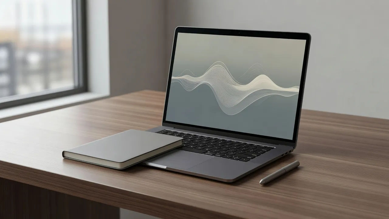 Clean desk beat: an open laptop on a minimalist walnut table showing a soft abstract sound wave