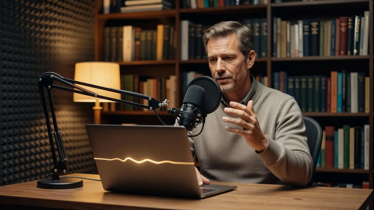 A professional recording a talk in a home office booth