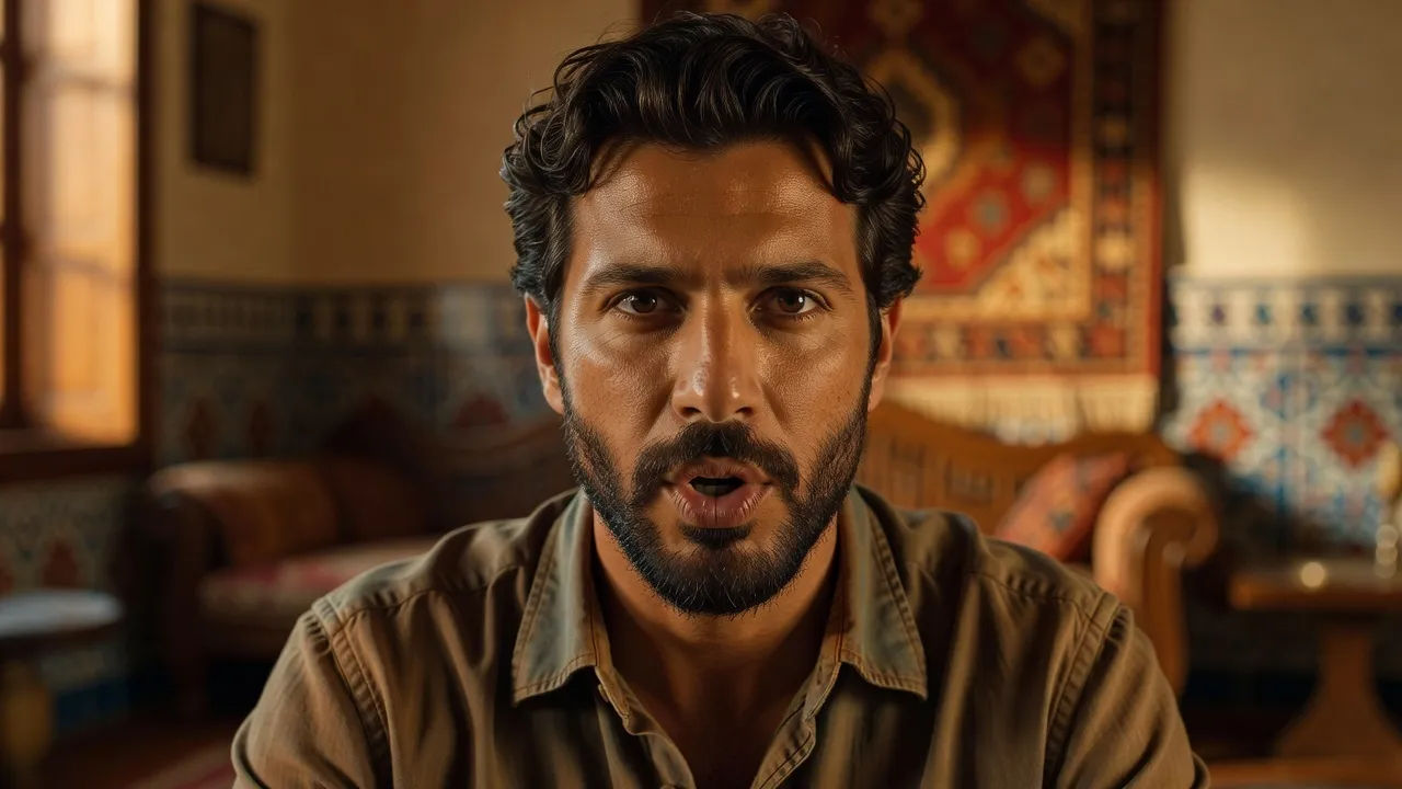 Close portrait of a Turkish man in his thirties with dark hair and a trimmed beard speaking a line to camera