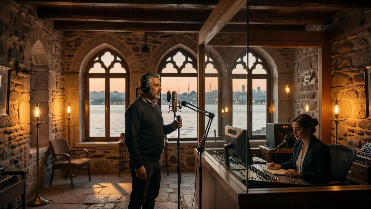 Wide establishing shot of an Istanbul recording studio in a restored stone building