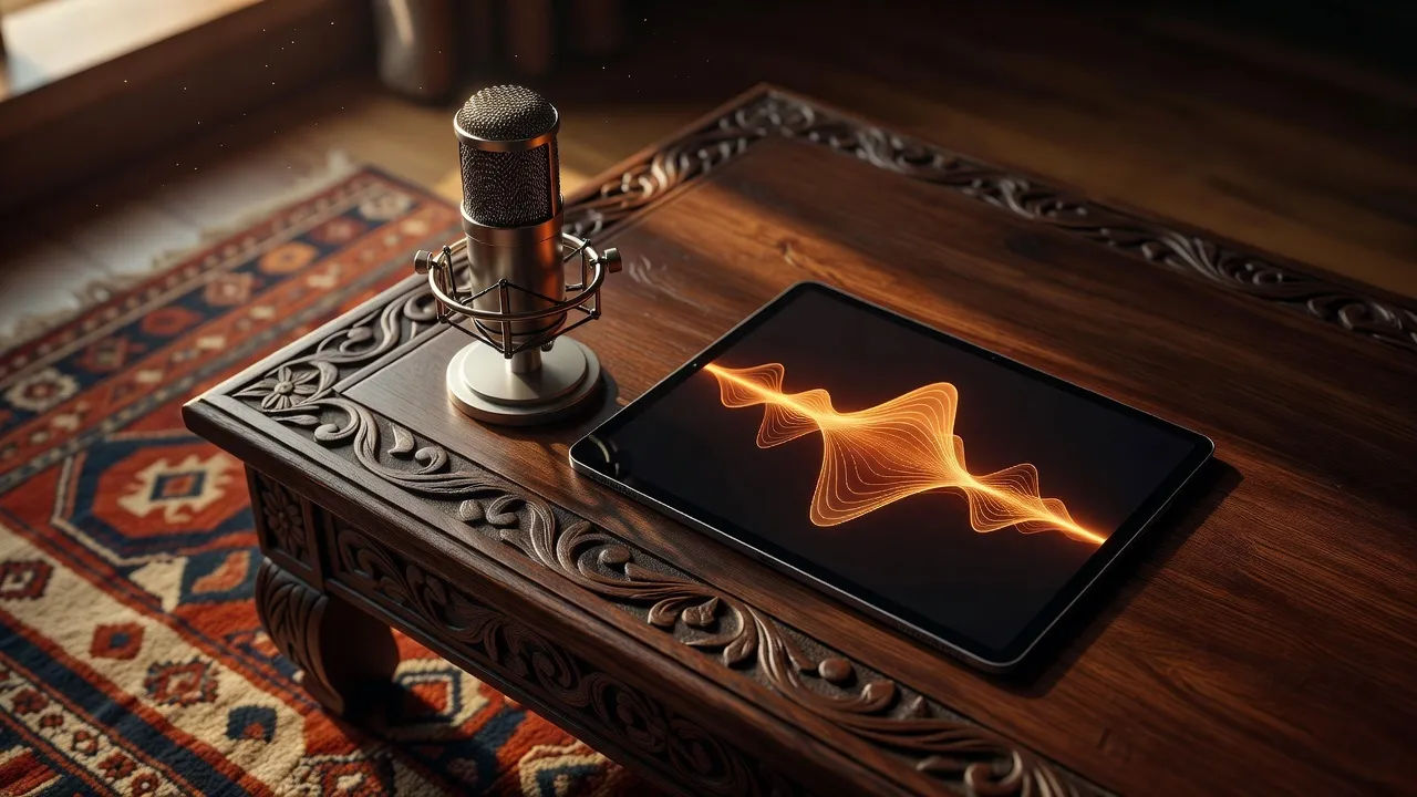 Close product beat of a professional microphone and a tablet on a carved wooden desk showing an abstract