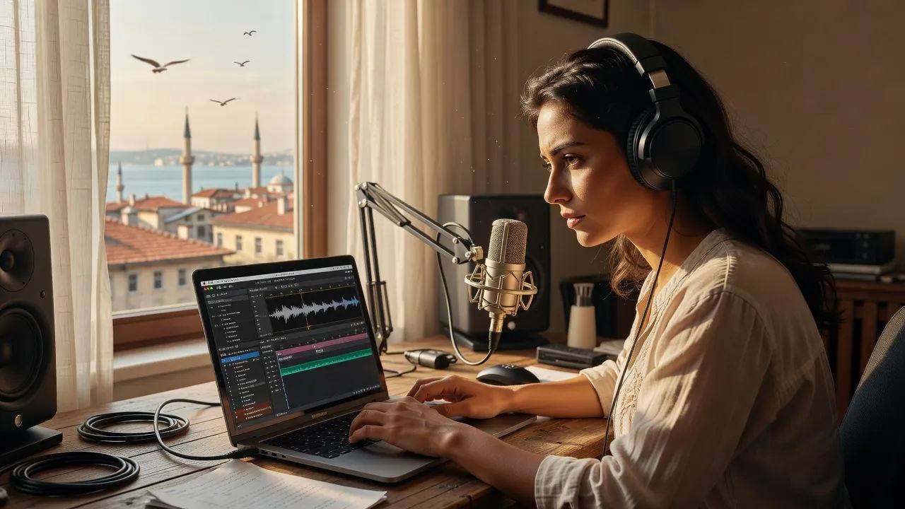 A young Turkish woman editing a voiceover on a laptop in a sunlit Istanbul apartment studio