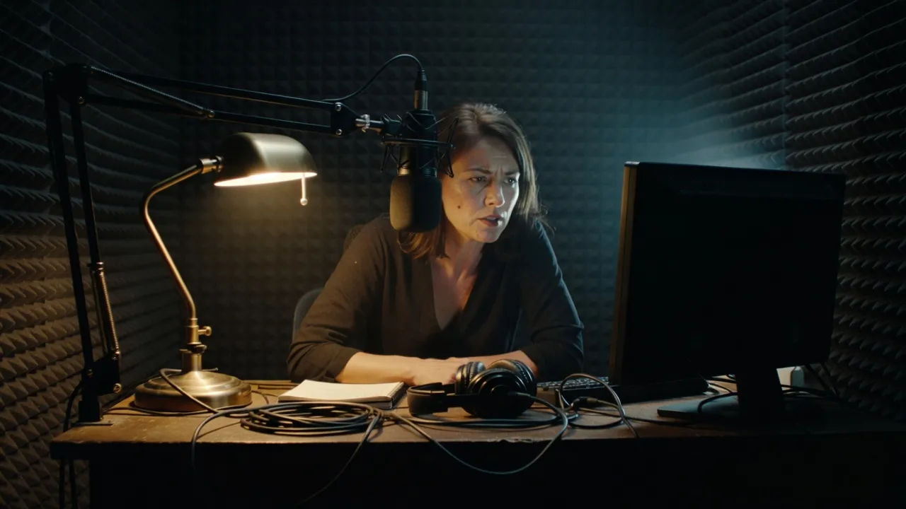 Wide establishing shot of a dim true-crime narration booth