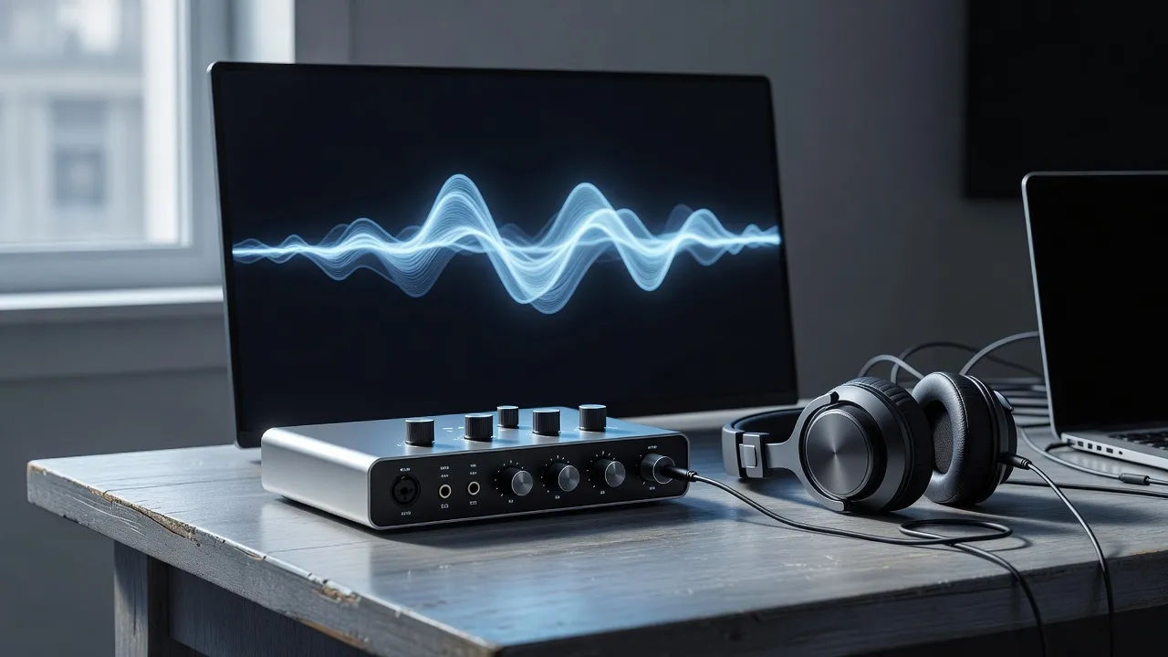 Macro topical beat of a sleek audio interface and a glowing abstract waveform on a dark screen