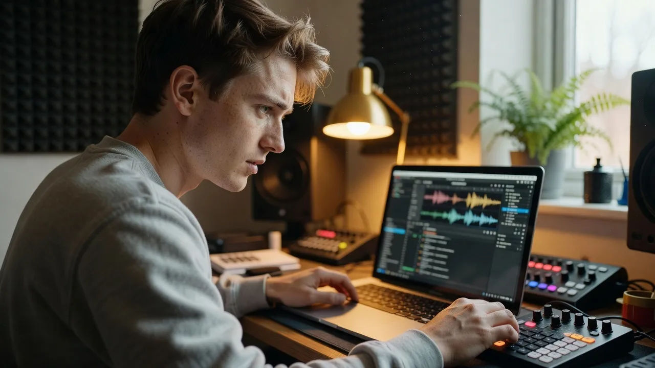 A young Ulster creator at a laptop in a home studio