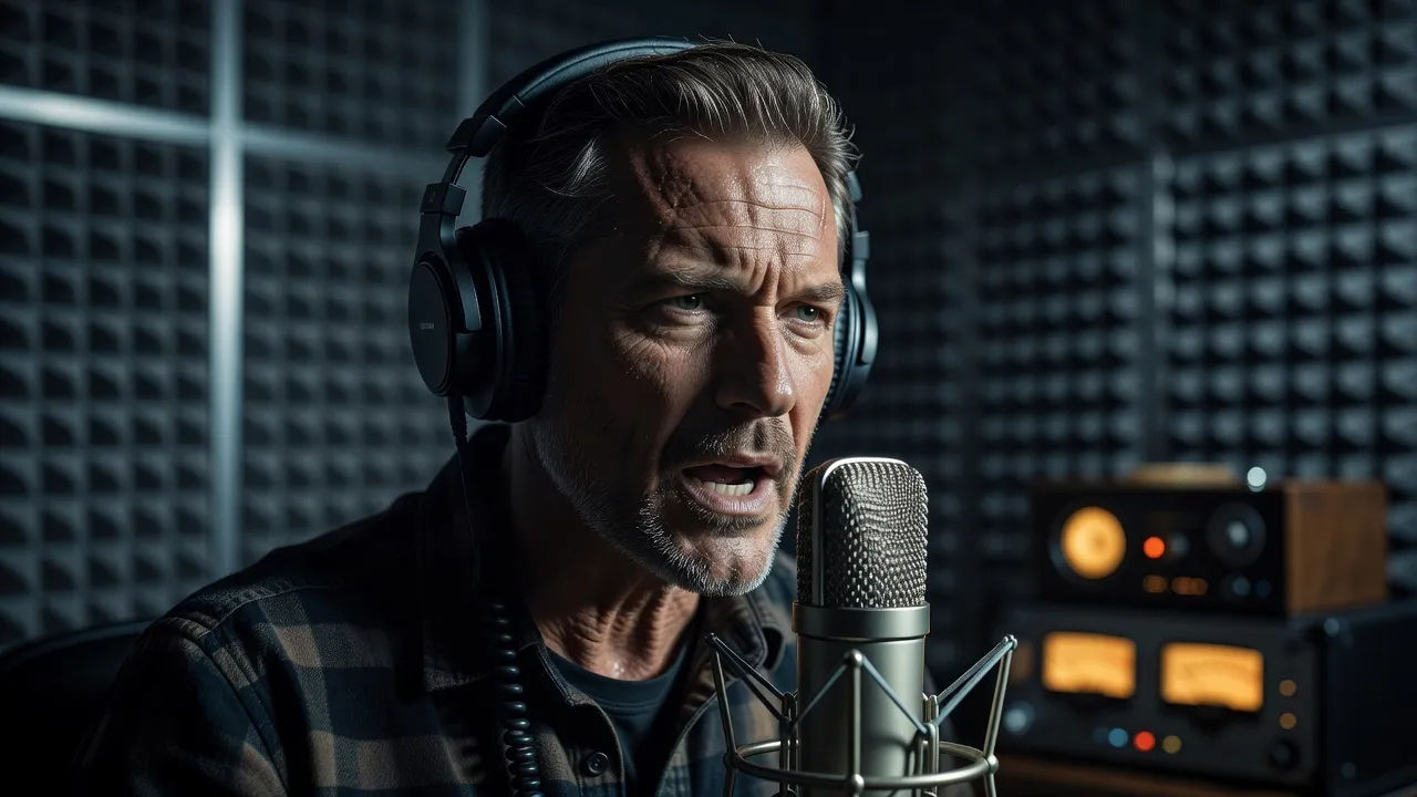 Close-up of a rugged voice actor performing a heroic character line to camera