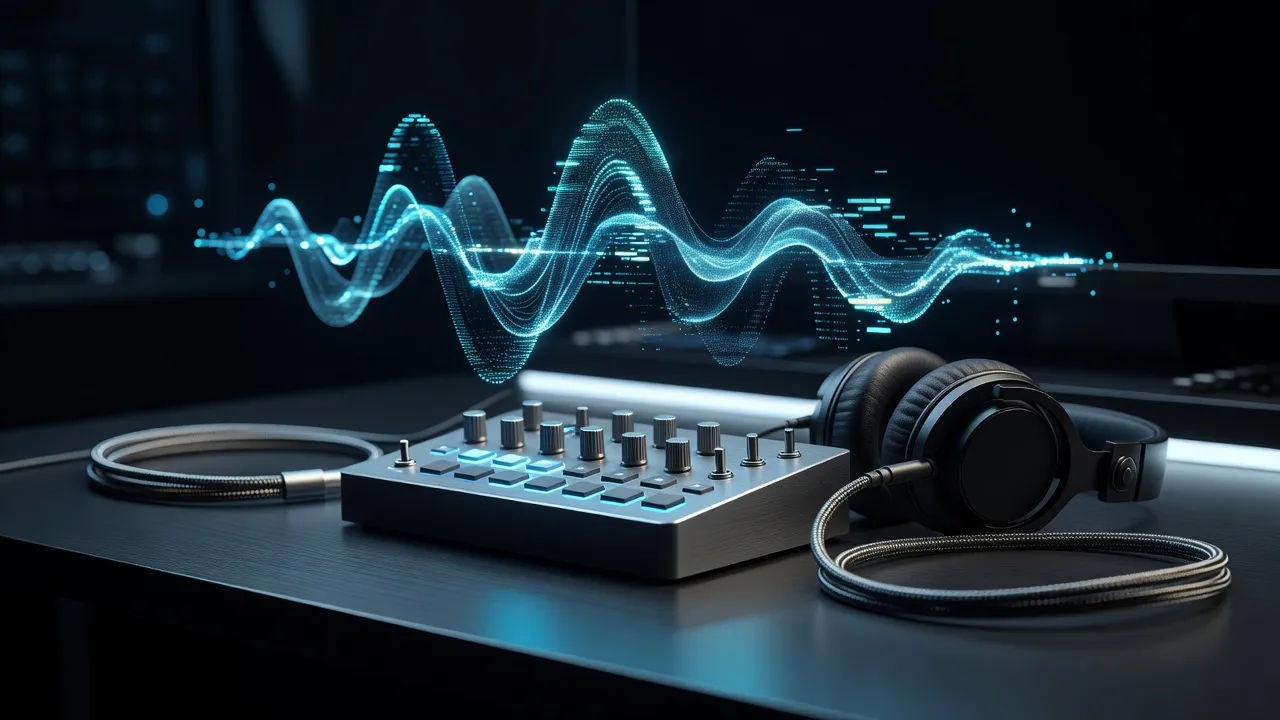 Macro beat of a mechanical controller and studio headphones on a dark desk