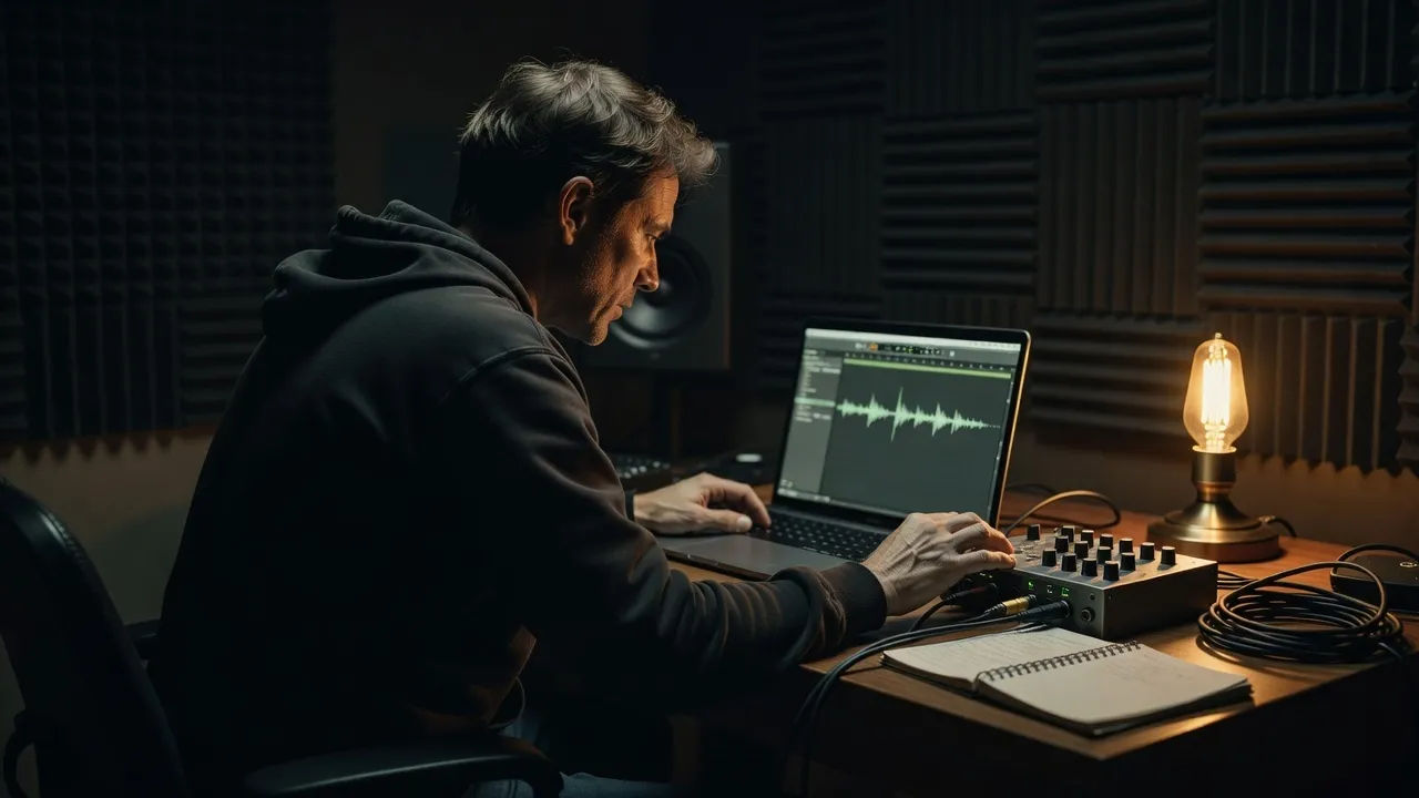 A concentrated sound designer directing a take on a laptop in a dim studio