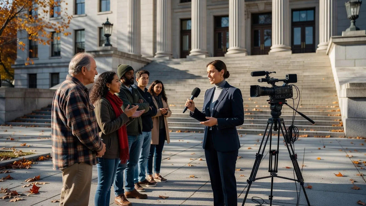 Wide election-coverage scene outside a civic building