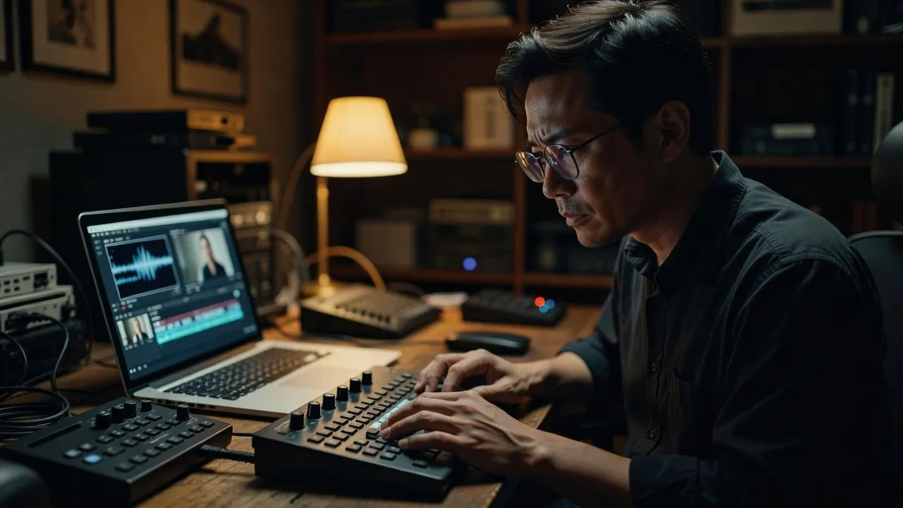 A focused documentary editor in glasses reviewing survey interviews on a laptop in a dim edit bay