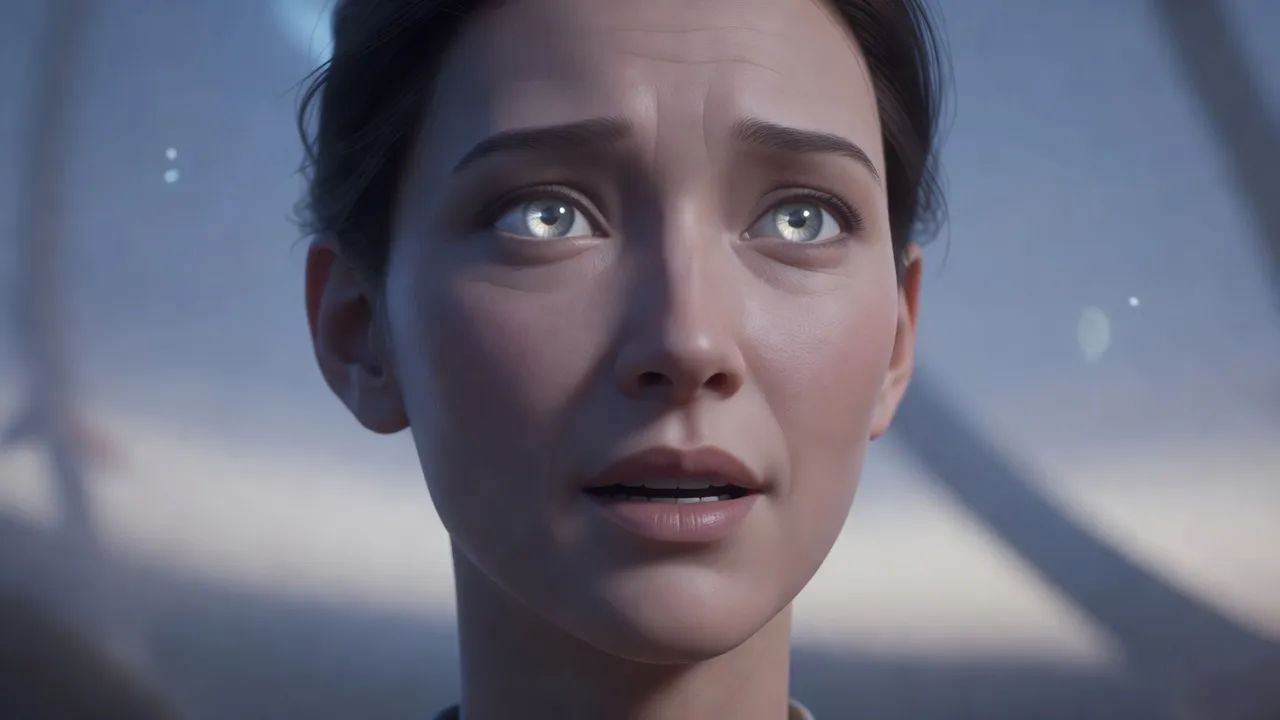 Close portrait of an expressive guide character with soft luminous eyes mid-word