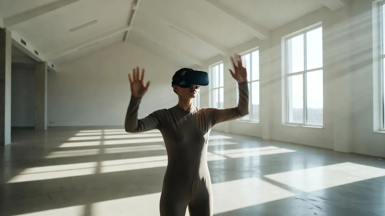 Wide shot of a person in a VR headset standing in a bright open room