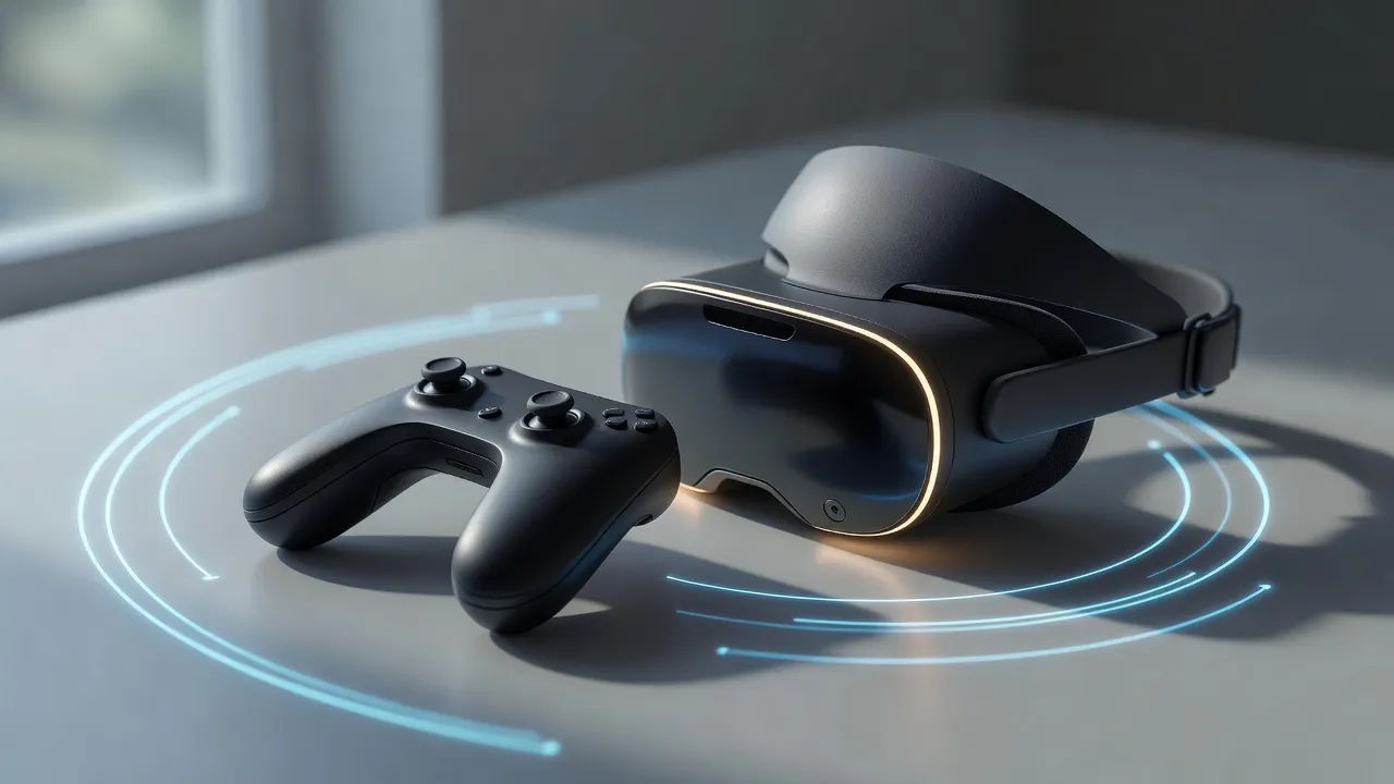 Macro beat of a VR controller and headset on a matte surface