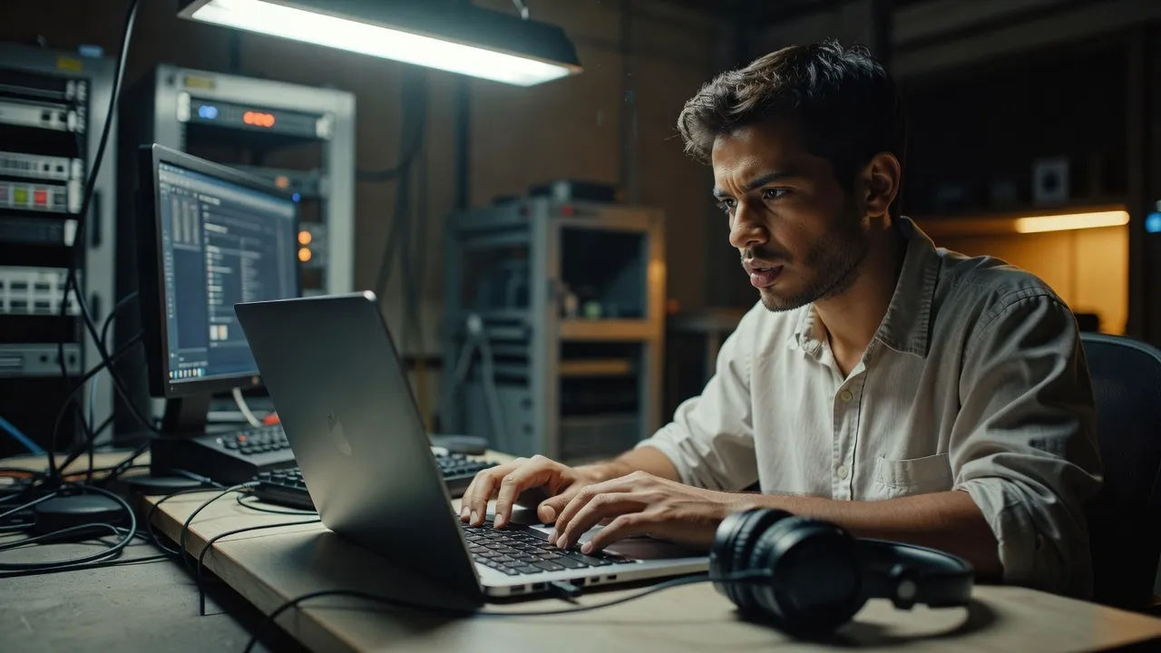 A simulation designer at a laptop in a lab-like studio