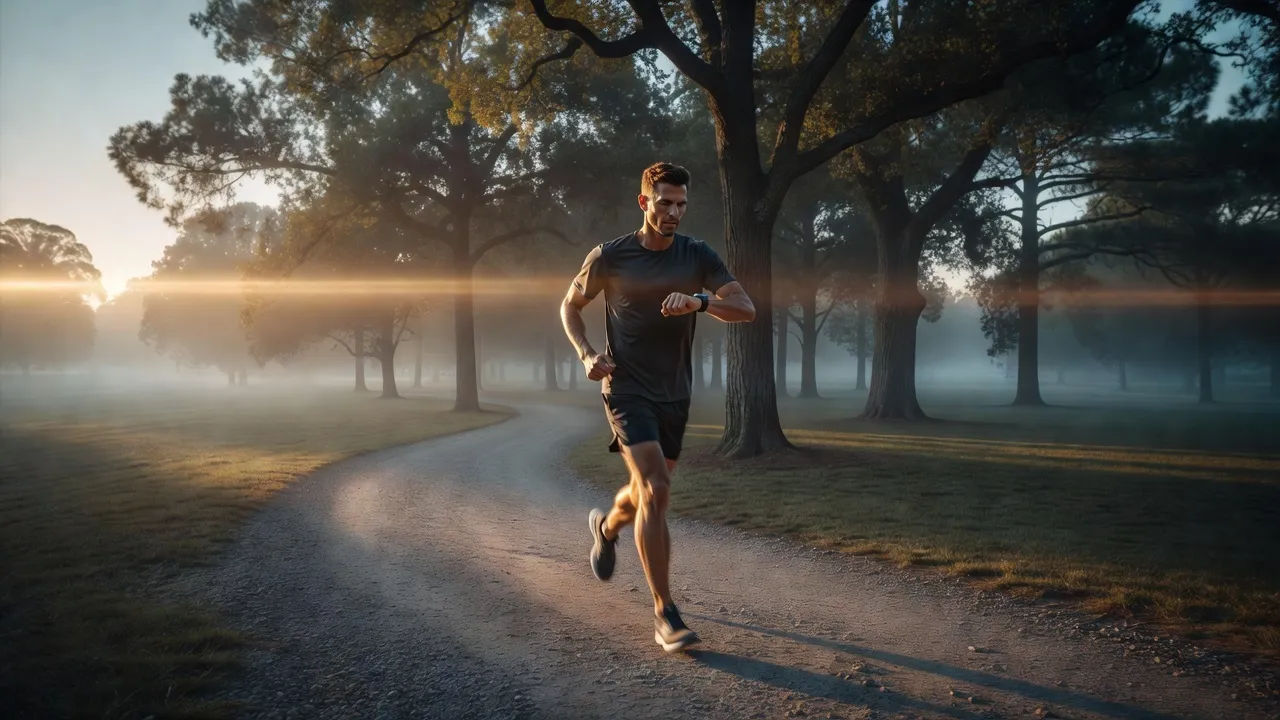 Wide dawn scene of a runner on a park path checking a wristband mid-stride