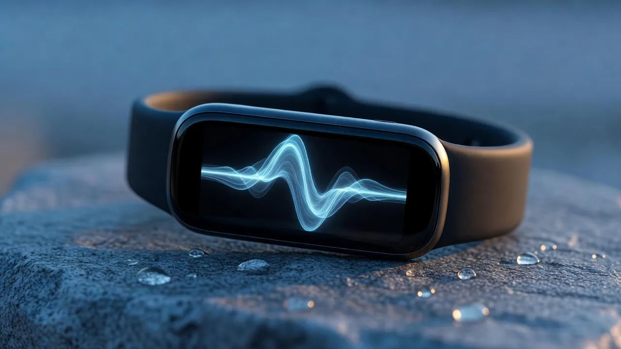 Macro beat of a fitness band on a stone surface with an abstract glowing pulse-arc emanating from its face