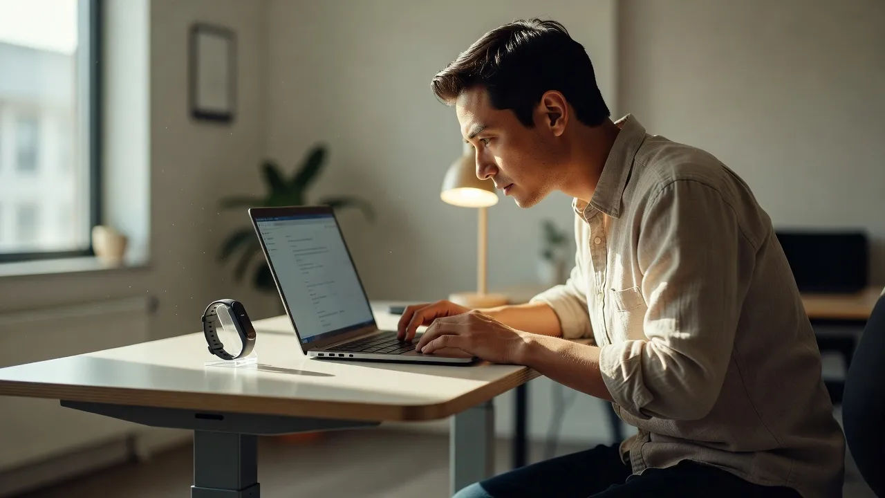 A focused health-app designer at a bright standing desk with the wearable on a small stand