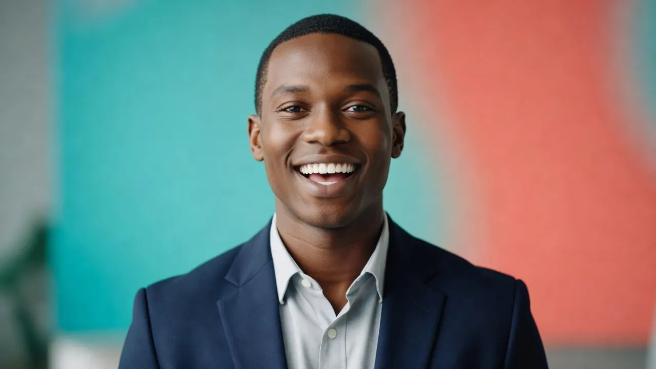 Close portrait of a stylish young Black male brand presenter mid-word to camera