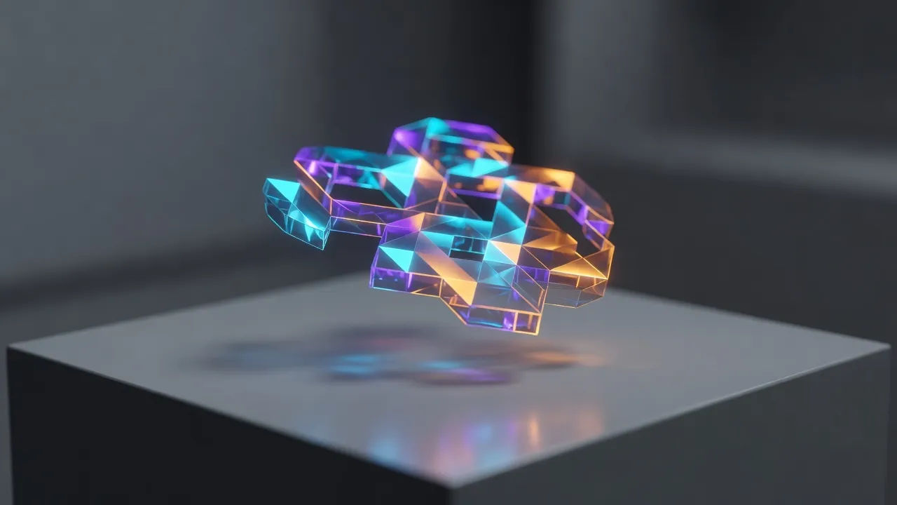 Macro beat of a floating holographic abstract logo-shape made of glowing polygons above a matte pedestal