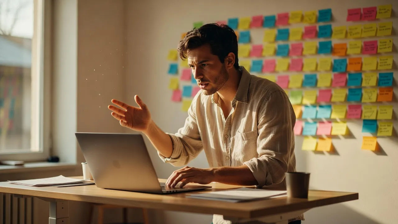 A young creative director at a standing desk directing on a laptop