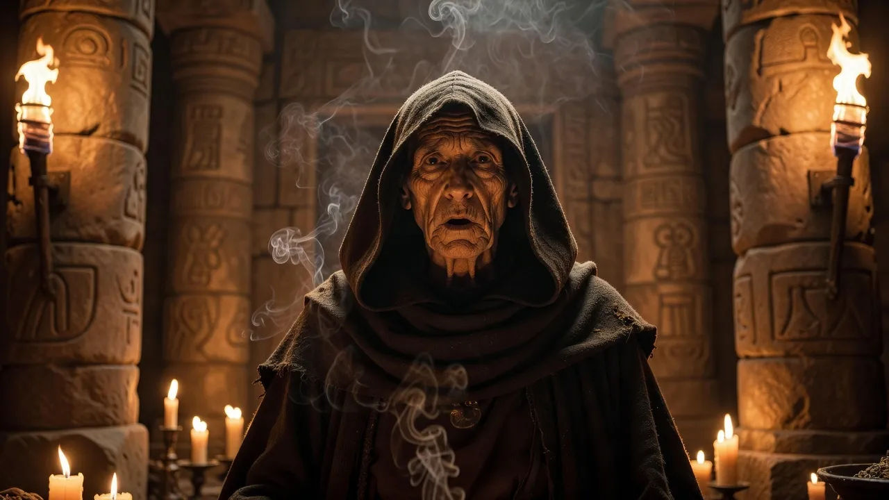 A solemn robed figure with a deeply lined face and a hooded ceremonial