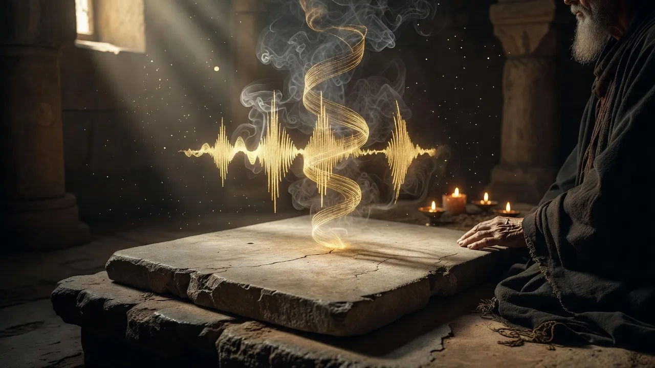 Conceptual close shot of a deep golden audio waveform ribbon rising through incense