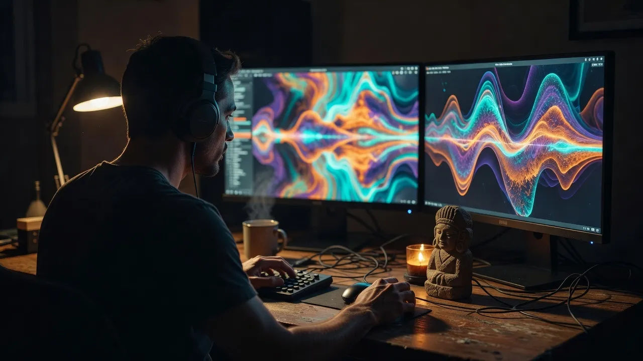 A modern creator at a dim desk editing audio