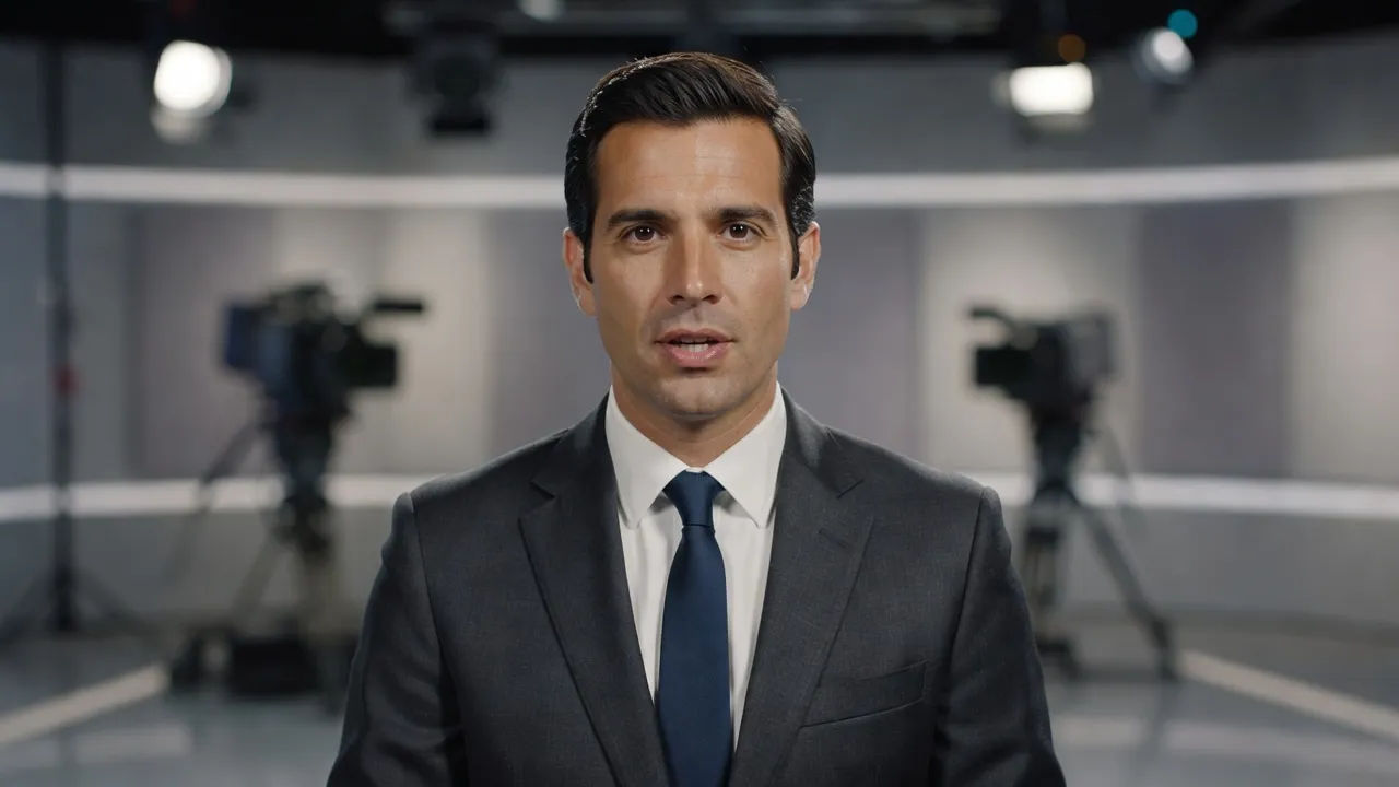 Photorealistic 16:9 medium shot of a crisp Basque male news anchor in his