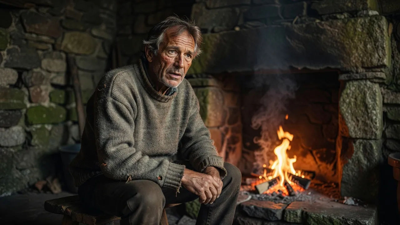 Photorealistic 16:9 medium shot of a weathered older Breton male storyteller in his